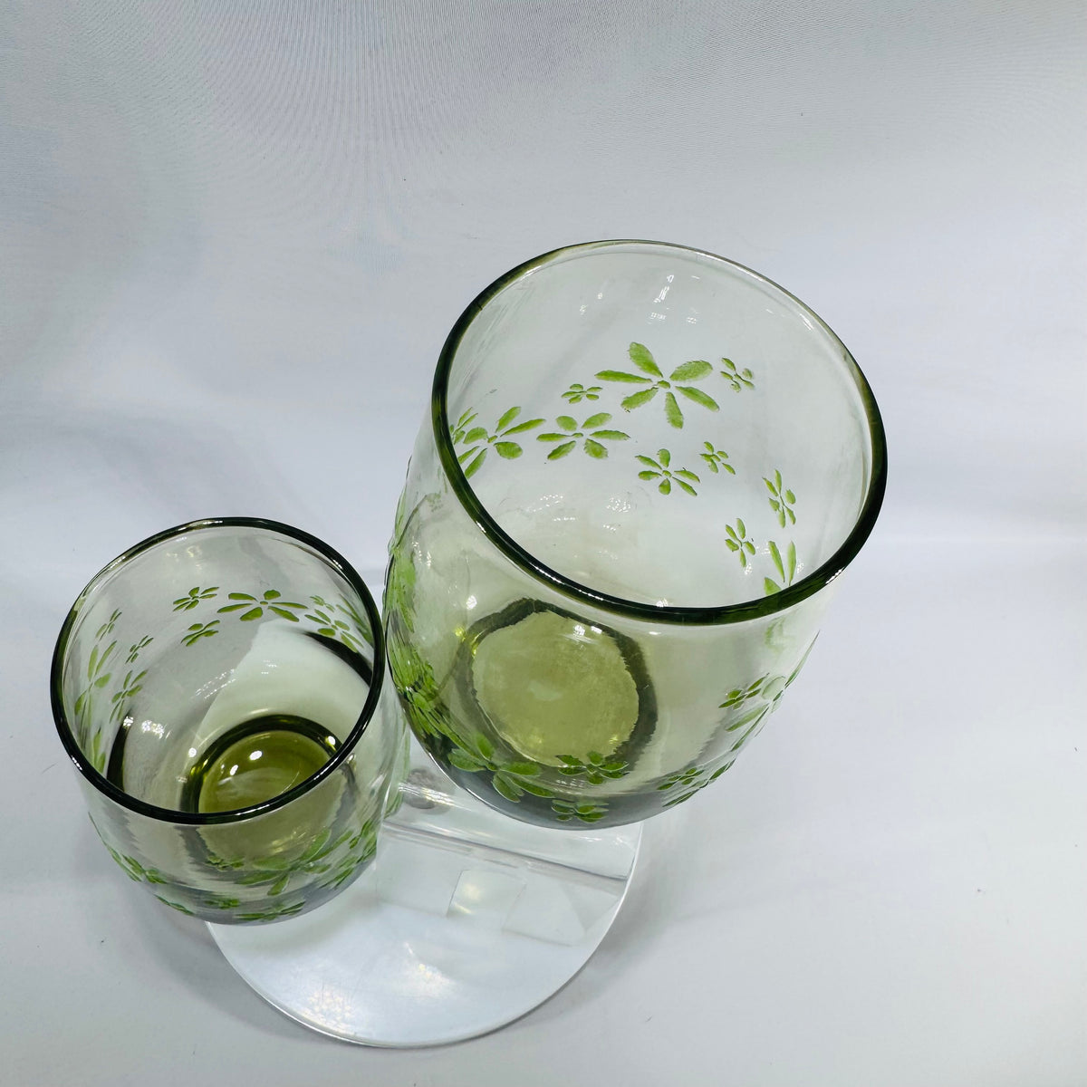 Vintage Libbey “Mint Bouquet” (Mint Daisy) Green Floral Glasses — Mid-Century Modern (circa 1966+) — Set of 2 | Olive/Avocado Glass, Mid-Century Glassware