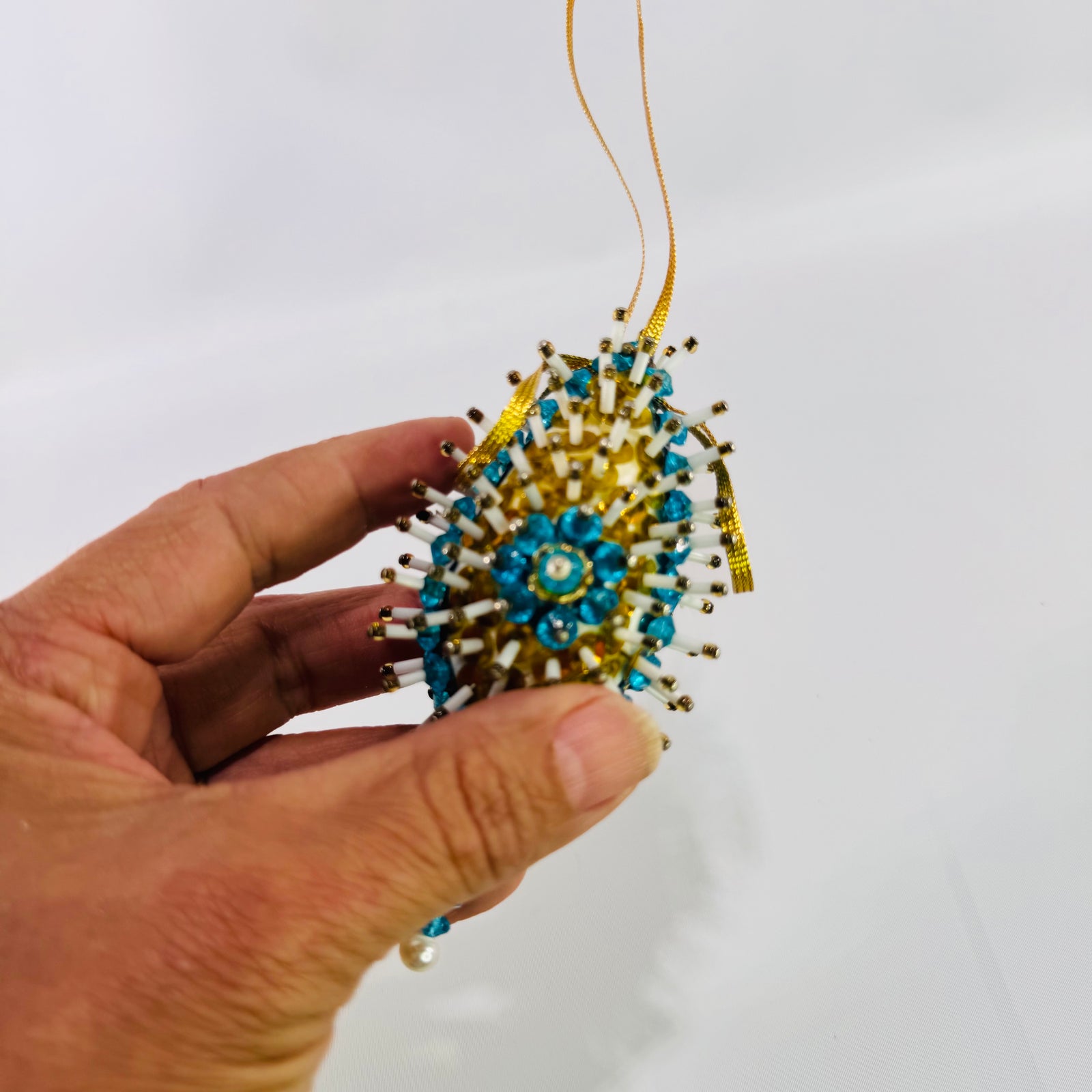 Vintage Beaded Sequin Christmas Ornament 1960s Push Pin Sputnik Starburst Blue Gold Egg Ornament
