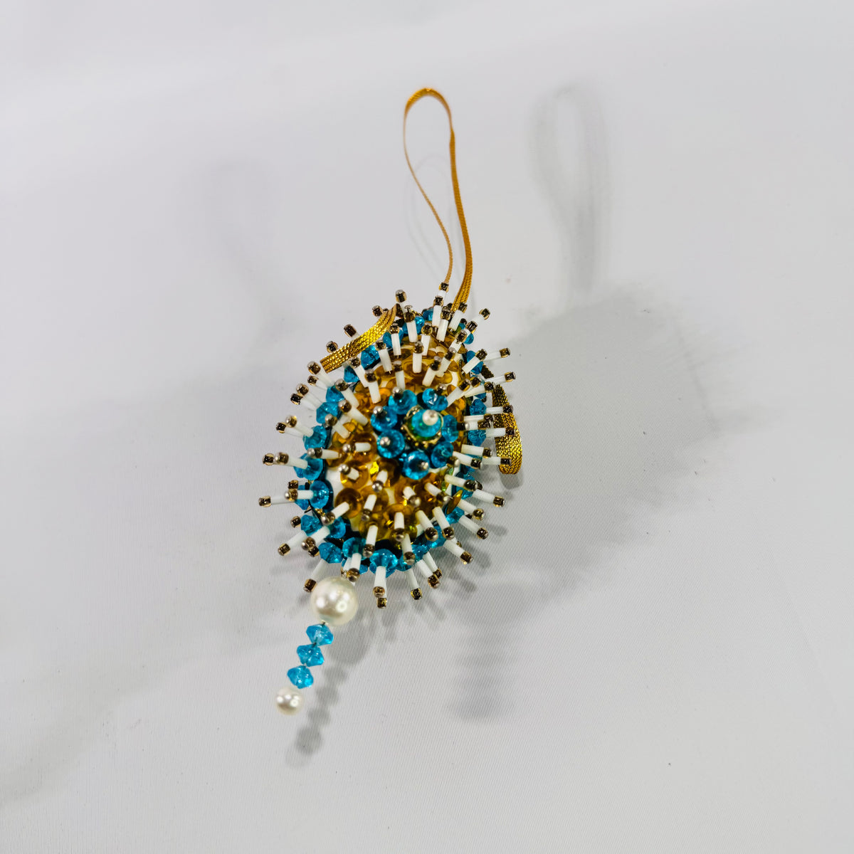 Vintage Beaded Sequin Christmas Ornament 1960s Push Pin Sputnik Starburst Blue Gold Egg Ornament