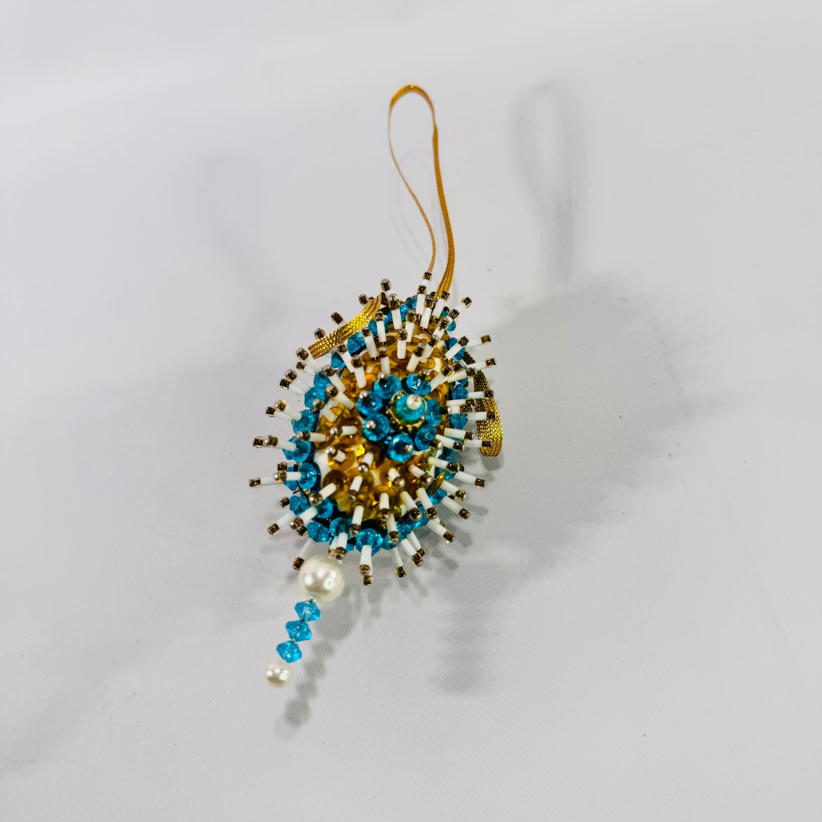 Vintage Beaded Sequin Christmas Ornament 1960s Push Pin Sputnik Starburst Blue Gold Egg Ornament