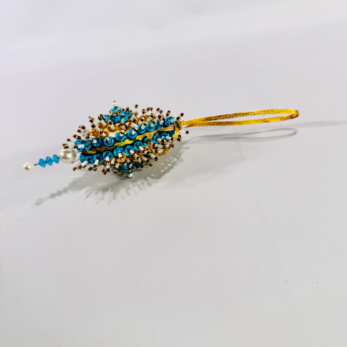 Vintage Beaded Sequin Christmas Ornament 1960s Push Pin Sputnik Starburst Blue Gold Egg Ornament