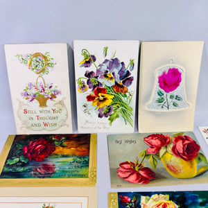 Antique Floral Postcard Lot of 11 Embossed Rose Pansy Birthday Greeting Edwardian Paper Ephemera