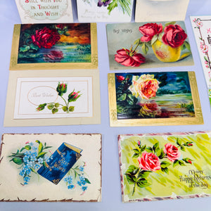 Antique Floral Postcard Lot of 11 Embossed Rose Pansy Birthday Greeting Edwardian Paper Ephemera