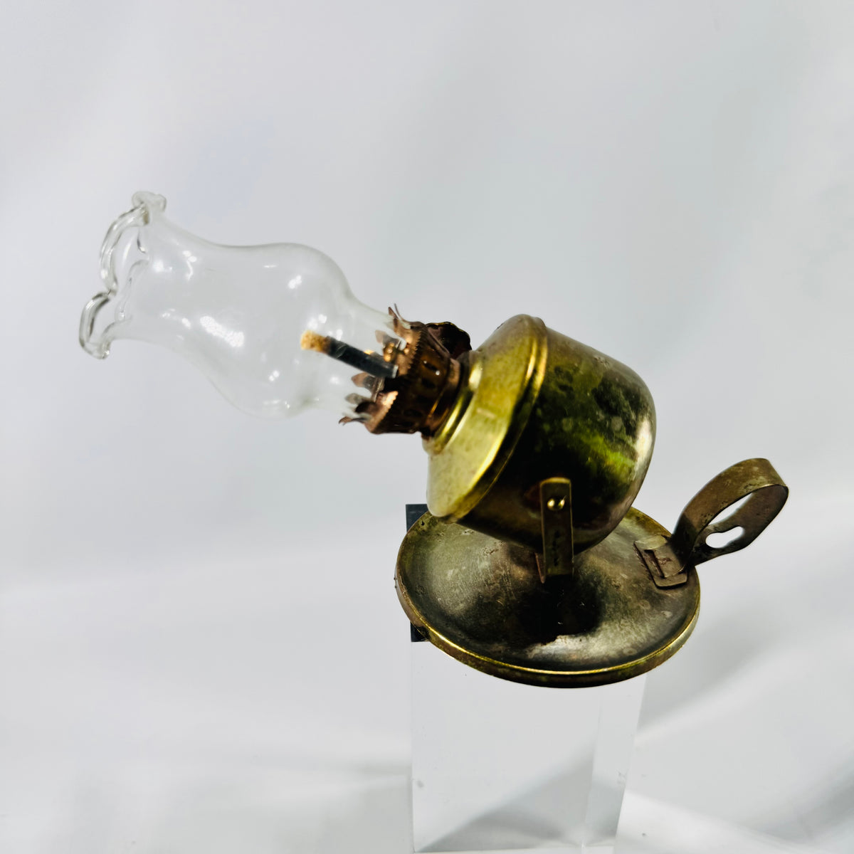 Vintage Miniature Brass Finger Oil Lamp Hong Kong Gimbaled Nautical Lamp with Glass Chimney