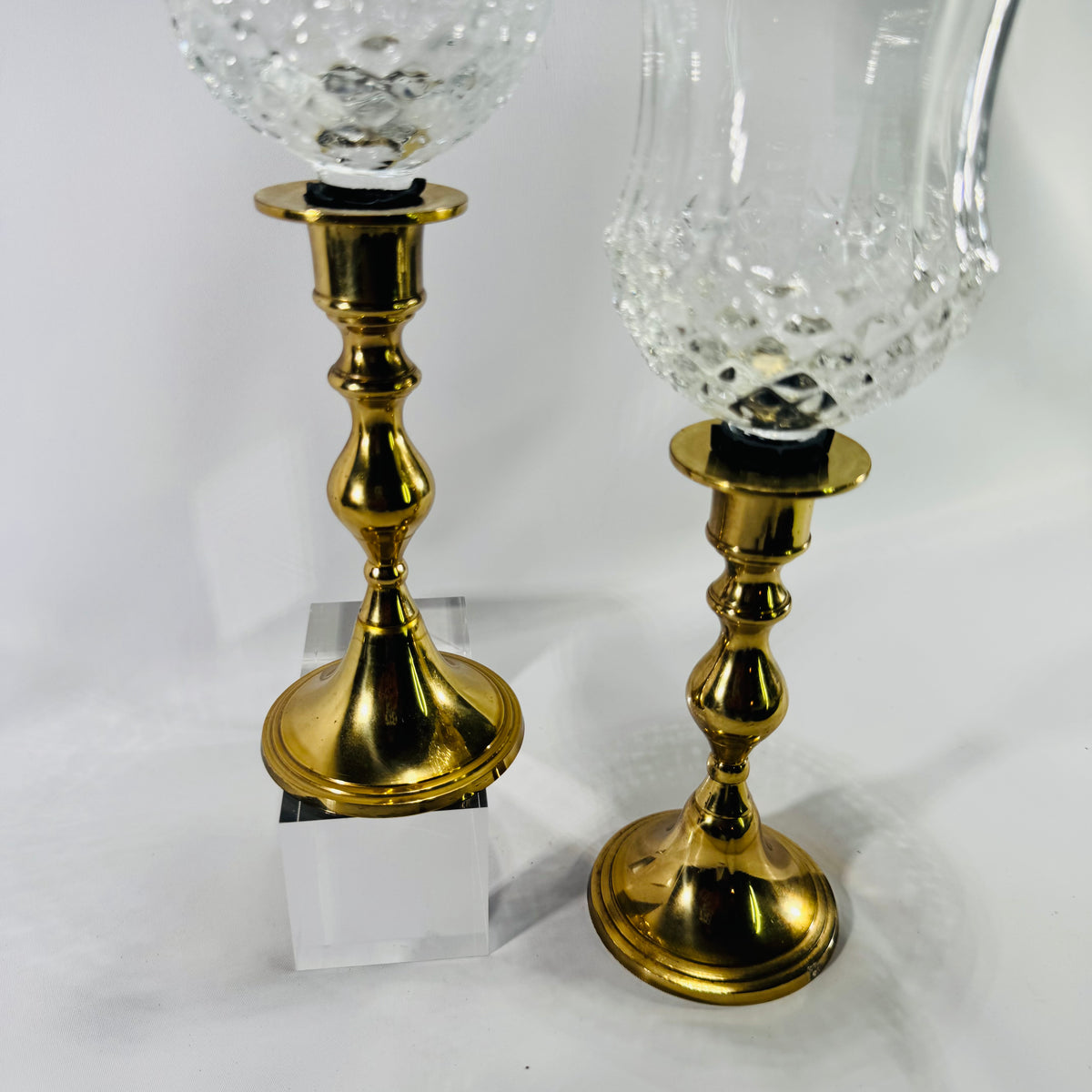 Vintage PartyLite Brass Hurricane Candle Holders Pair with Diamond Cut Glass Shades India