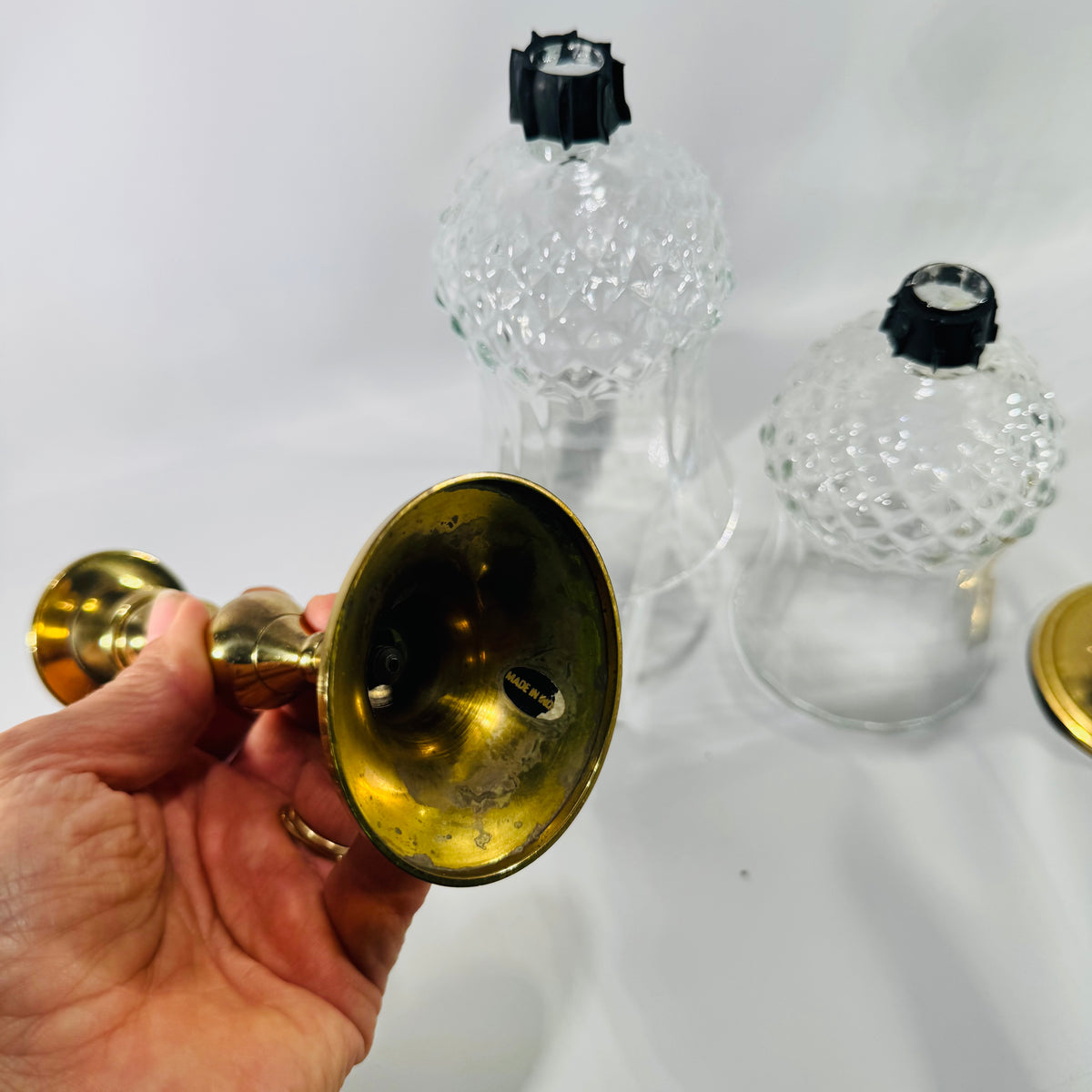 Vintage PartyLite Brass Hurricane Candle Holders Pair with Diamond Cut Glass Shades India