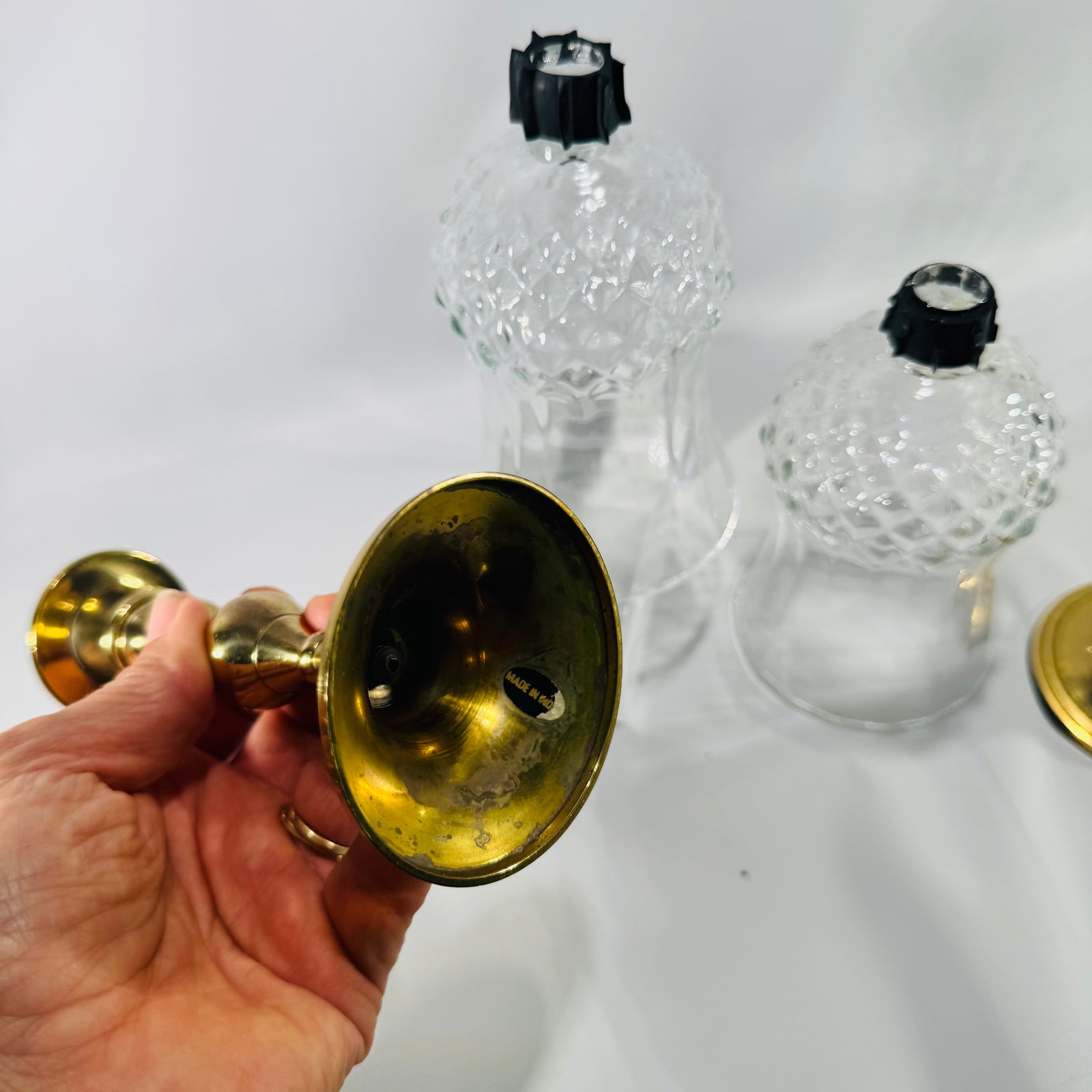 Vintage PartyLite Brass Hurricane Candle Holders Pair with Diamond Cut Glass Shades India