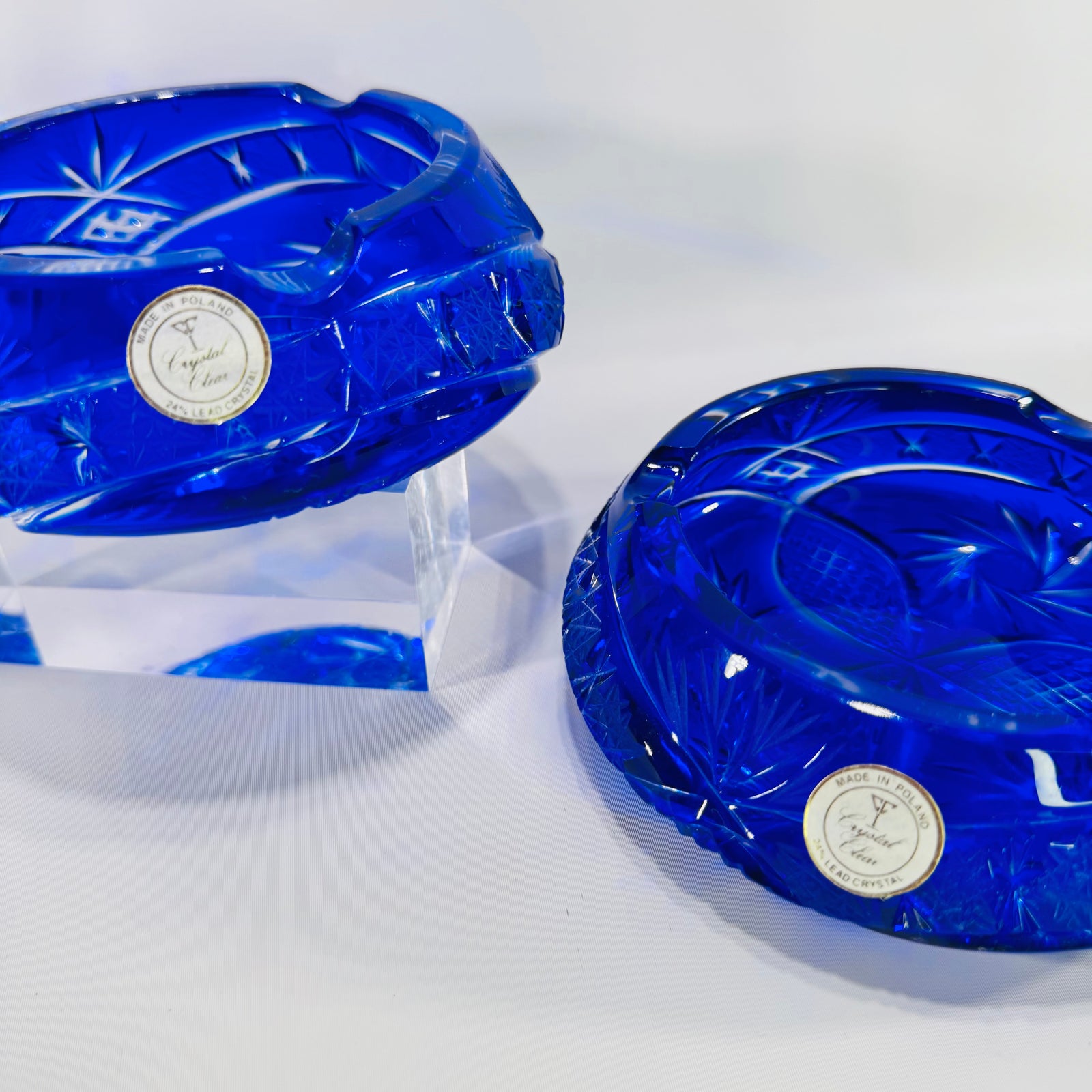 Vintage Cobalt Blue Cut to Clear Crystal Ashtrays Set of 2 Made in Poland 24% Lead Crystal Pinwheel Starburst