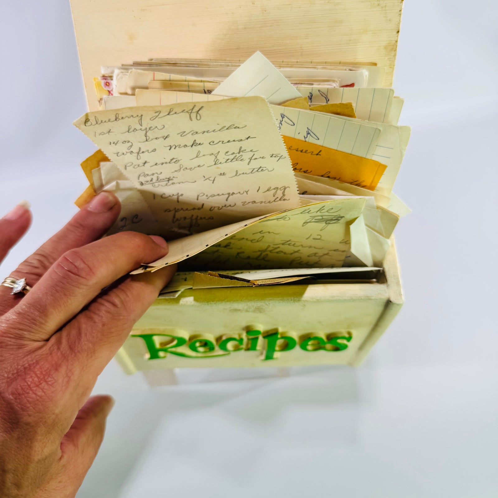 Vintage FTD Recipe Box Filled with Handwritten Family Recipes, Faux Wood Resin Floral Recipe Card Holder, 1980s Kitchen Ephemera