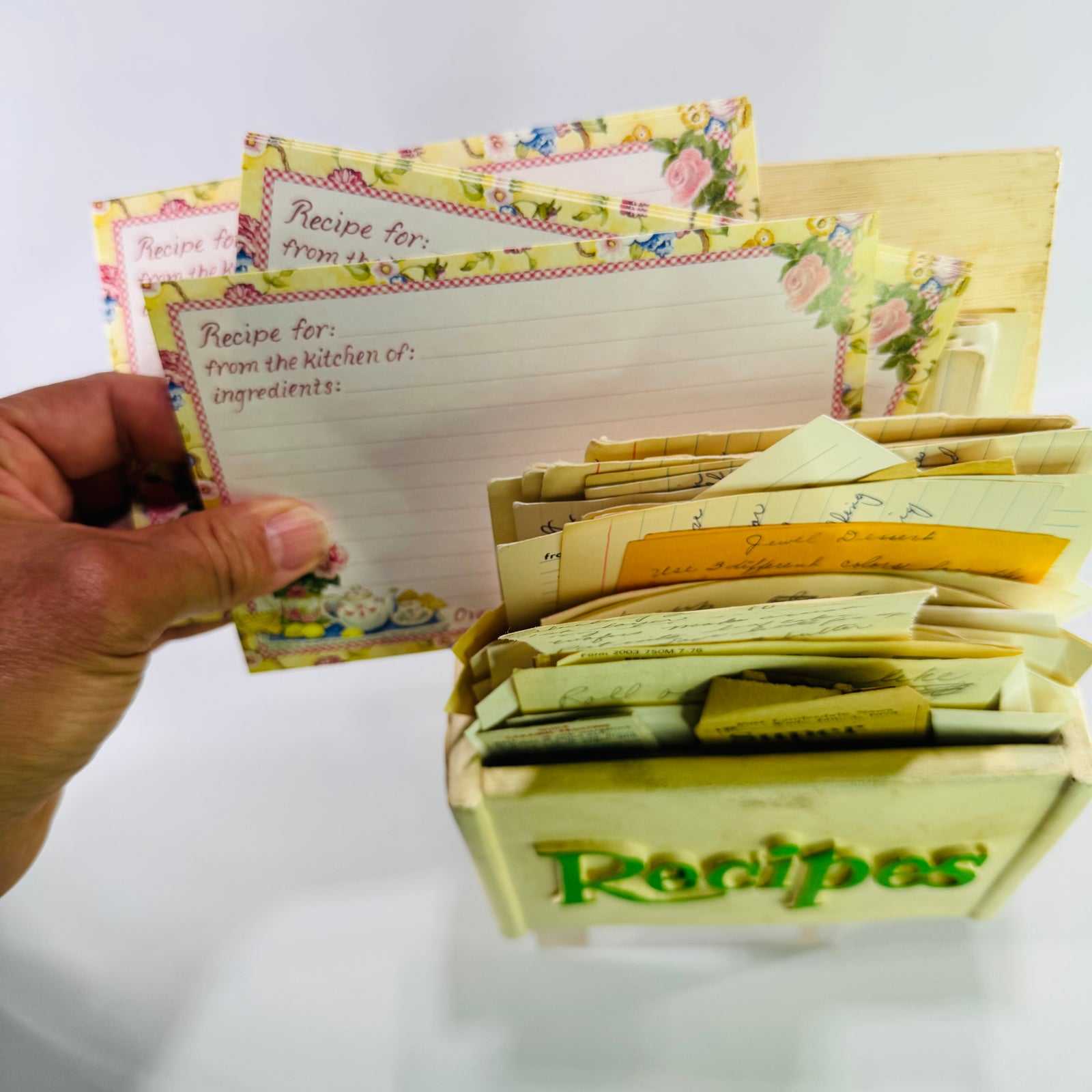 Vintage FTD Recipe Box Filled with Handwritten Family Recipes, Faux Wood Resin Floral Recipe Card Holder, 1980s Kitchen Ephemera