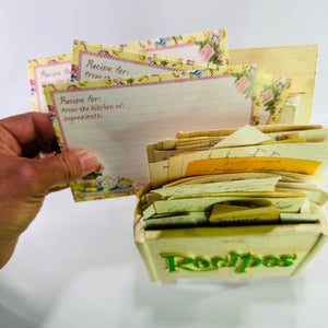 Vintage FTD Recipe Box Filled with Handwritten Family Recipes, Faux Wood Resin Floral Recipe Card Holder, 1980s Kitchen Ephemera