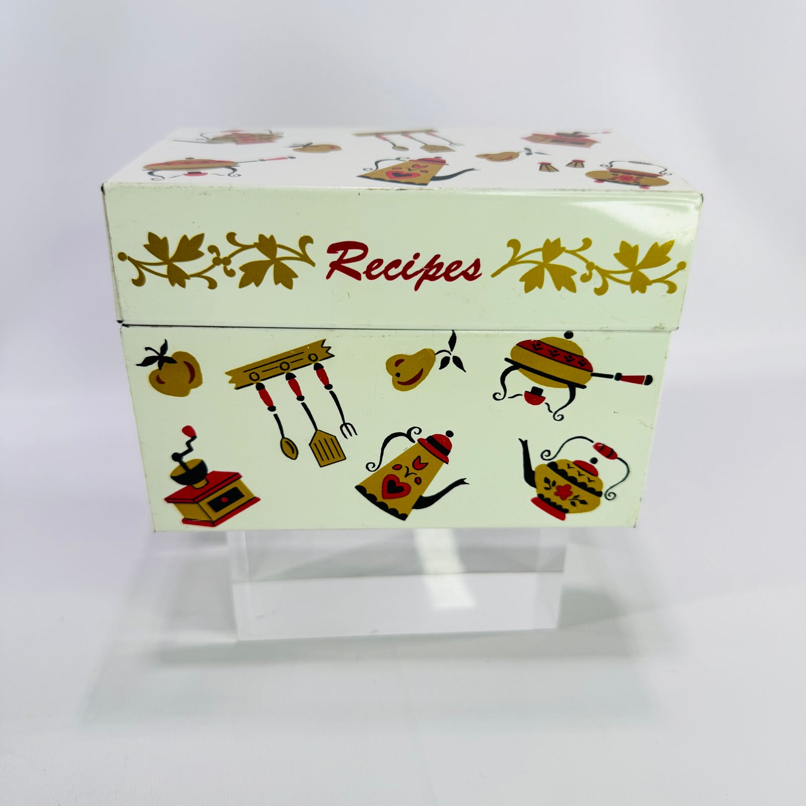 Vintage Ohio Art Metal Recipe Box with Recipe Cards, Mid Century Kitchen Recipe Organizer, Mt Pleasant Michigan Auxiliary Recipes