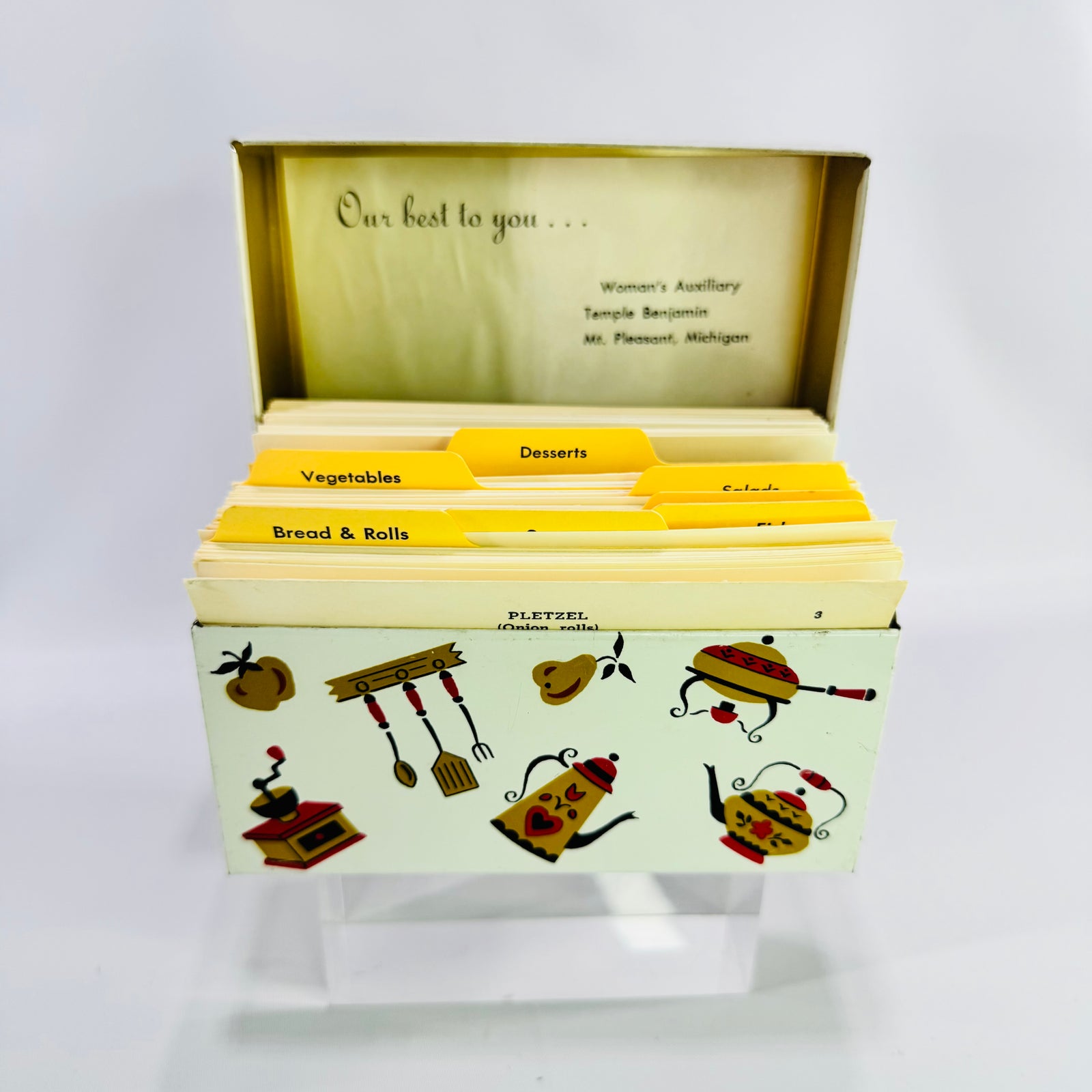 Vintage Ohio Art Metal Recipe Box with Recipe Cards, Mid Century Kitchen Recipe Organizer, Mt Pleasant Michigan Auxiliary Recipes