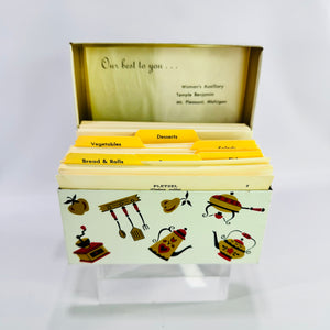 Vintage Ohio Art Metal Recipe Box with Recipe Cards, Mid Century Kitchen Recipe Organizer, Mt Pleasant Michigan Auxiliary Recipes