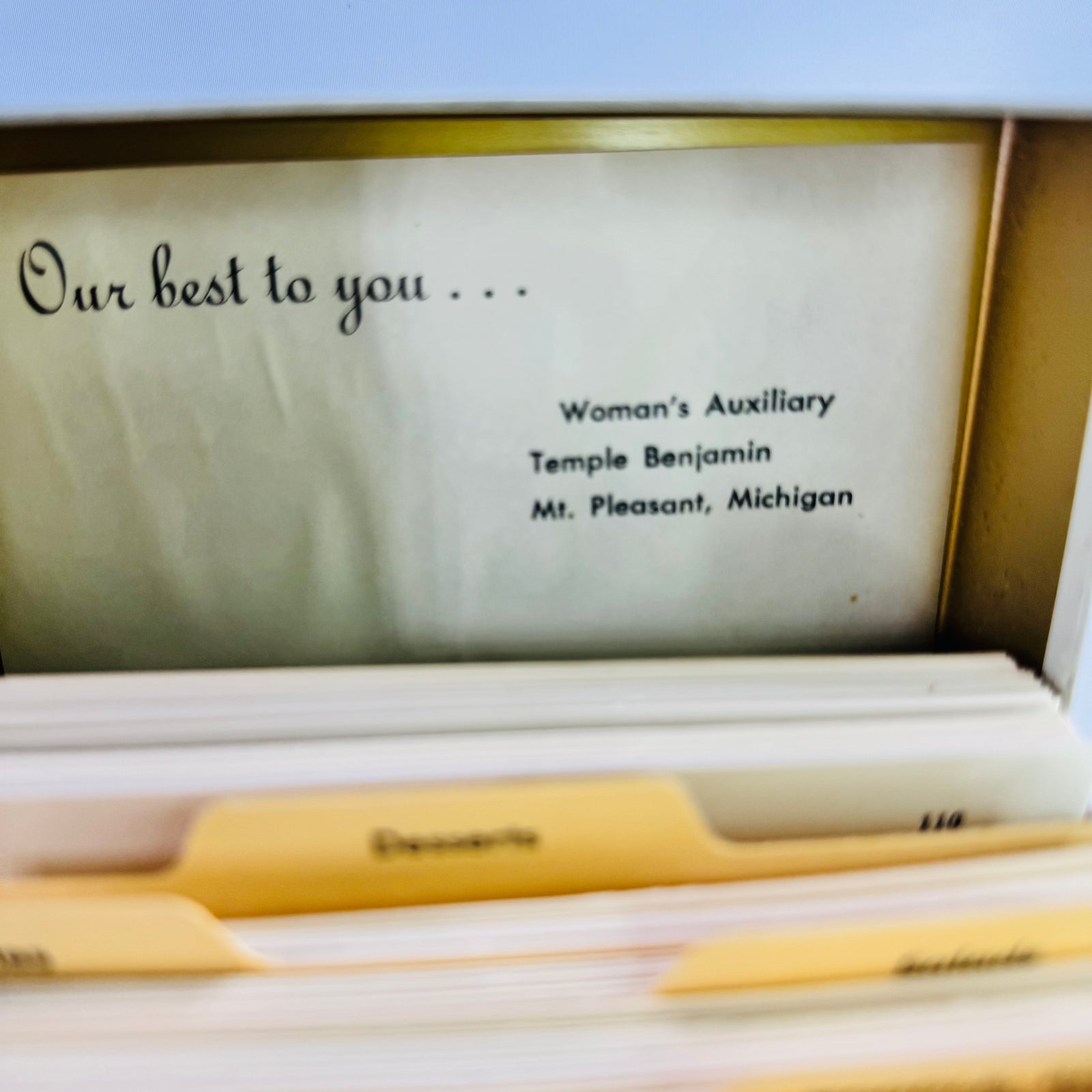 Vintage Ohio Art Metal Recipe Box with Recipe Cards, Mid Century Kitchen Recipe Organizer, Mt Pleasant Michigan Auxiliary Recipes