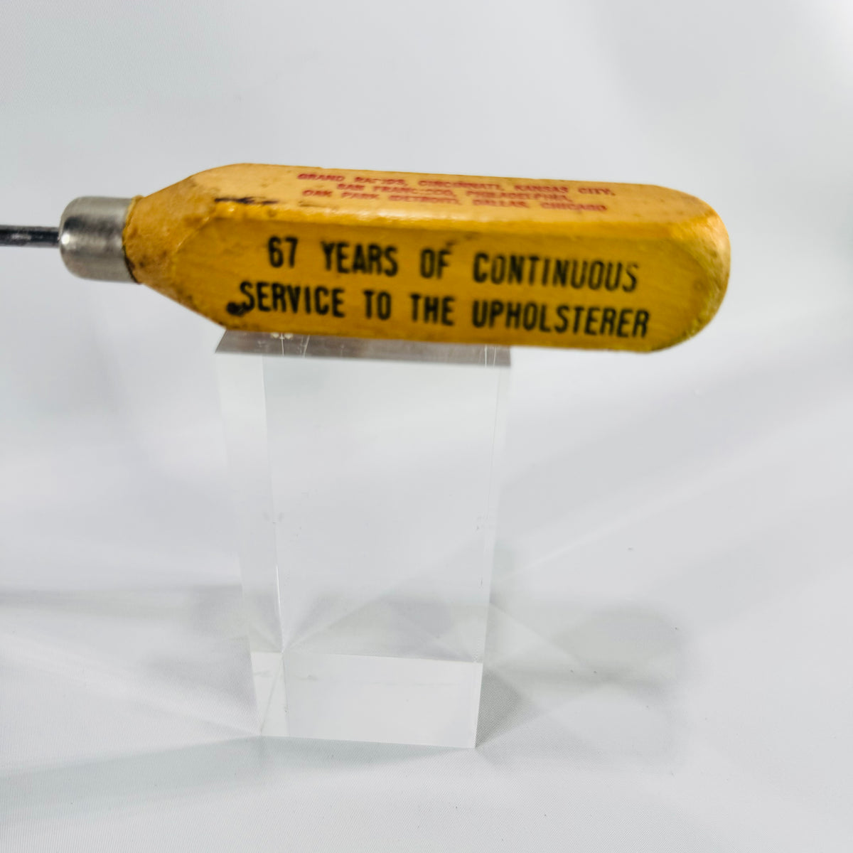 Vintage John K. Burch Upholstery Regulator Awl Advertising Tool Wood Handle Industrial Display Piece