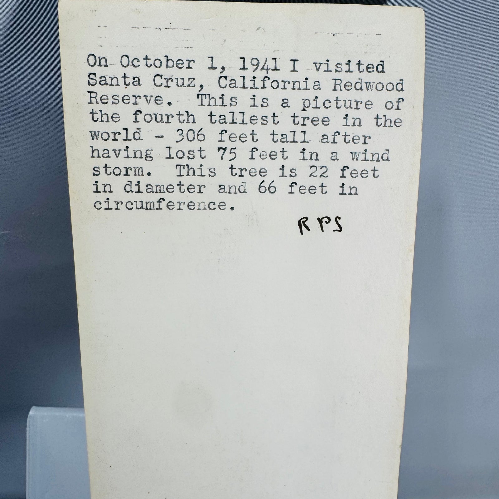Redwood postcard 1941 back, typed October 1, 1941 Santa Cruz visit note with initials