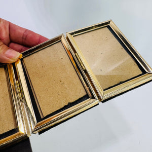 Vintage Gold Tone Tri Fold Picture Frame Triple Hinged Desktop Photo Display 2.5 x 3.5 Inch Folding Frame