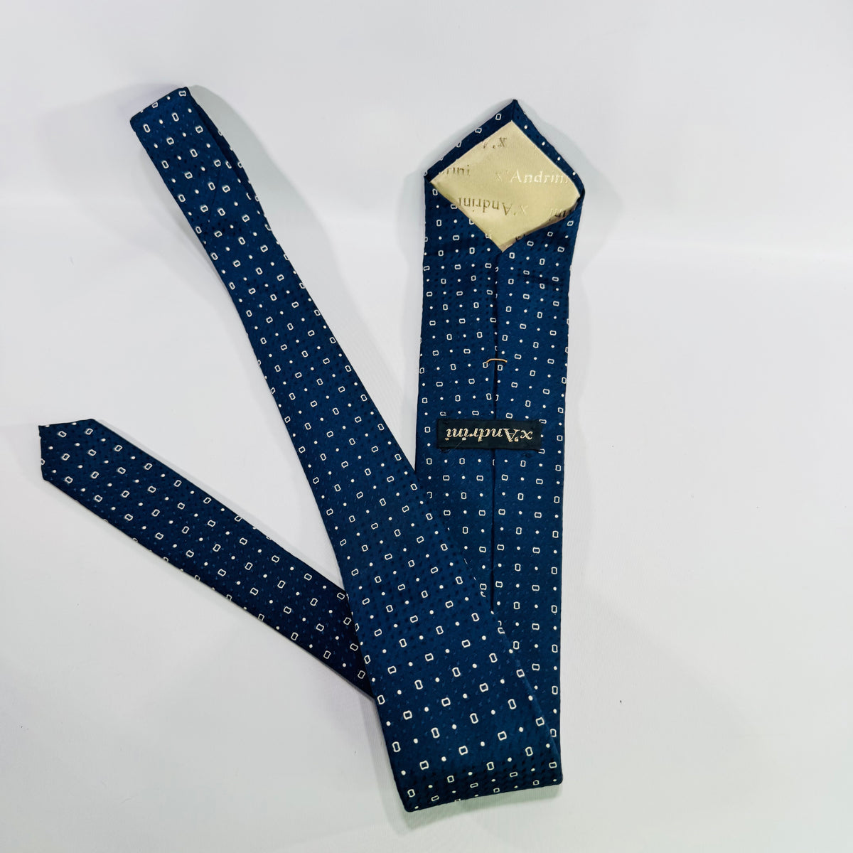 Vintage X’Andrini Blue Silk Tie 1960s 1970s Geometric Print Italian Designer Necktie 55 Inch Menswear
