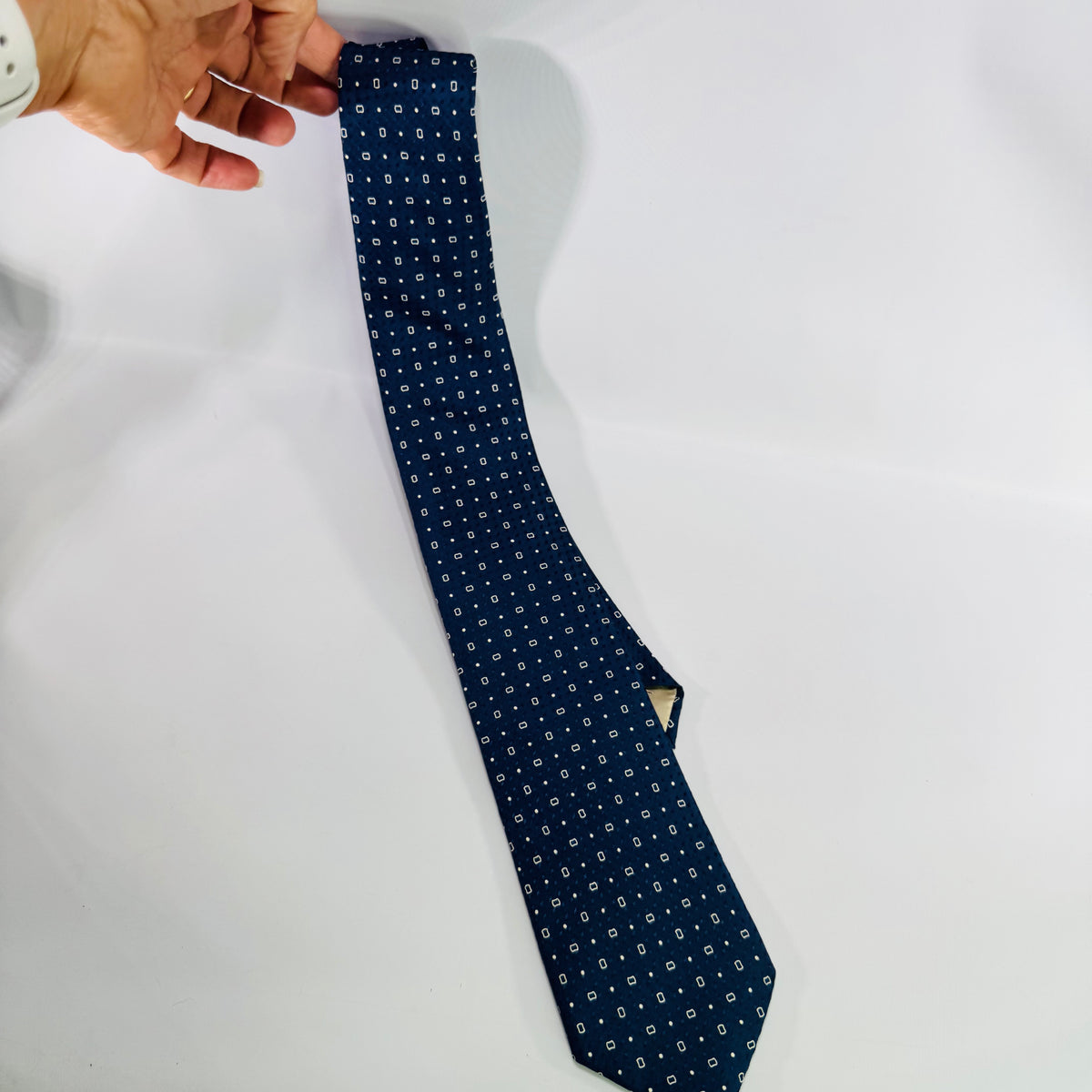 Vintage X’Andrini Blue Silk Tie 1960s 1970s Geometric Print Italian Designer Necktie 55 Inch Menswear