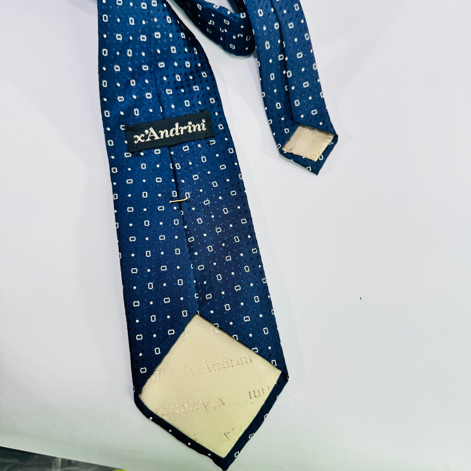 Vintage X’Andrini Blue Silk Tie 1960s 1970s Geometric Print Italian Designer Necktie 55 Inch Menswear