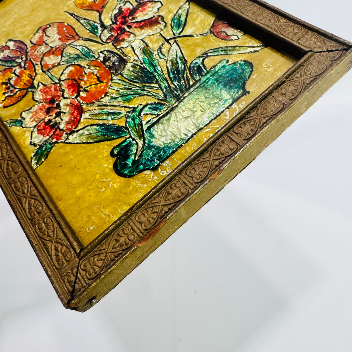 Vintage Reverse Glass Tinsel Painting Tulip Bouquet Folk Art Wall Hanging Carved Wood Frame 6x4