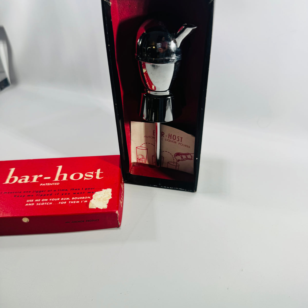 Vintage Bar-Host Automatic Liquor Pourer with Original Box Chrome Measuring Jigger Mid Century Barware