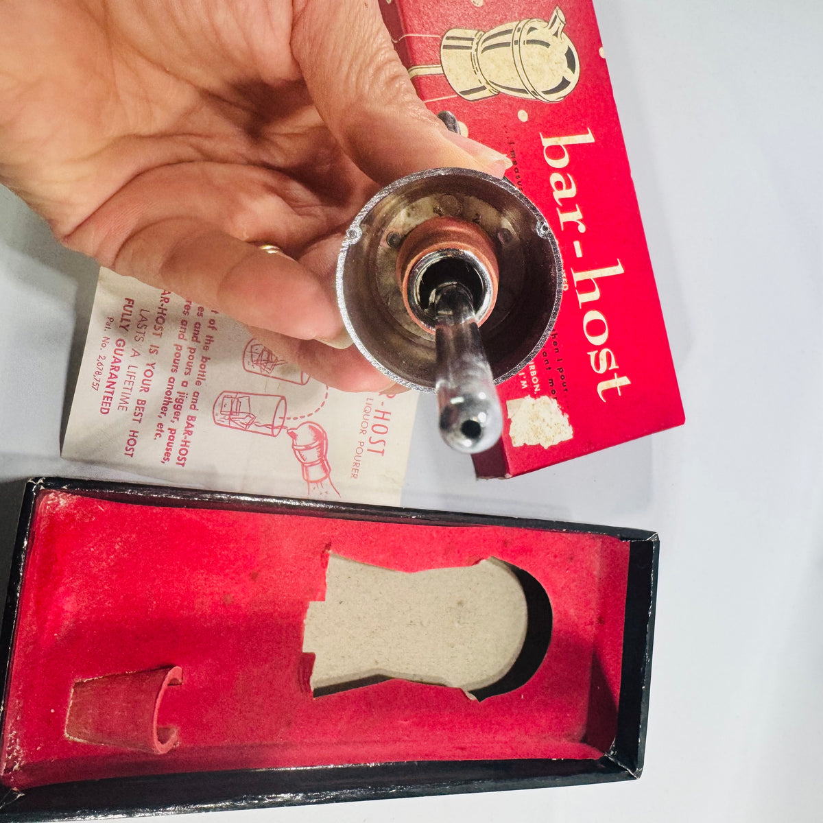 Vintage Bar-Host Automatic Liquor Pourer with Original Box Chrome Measuring Jigger Mid Century Barware