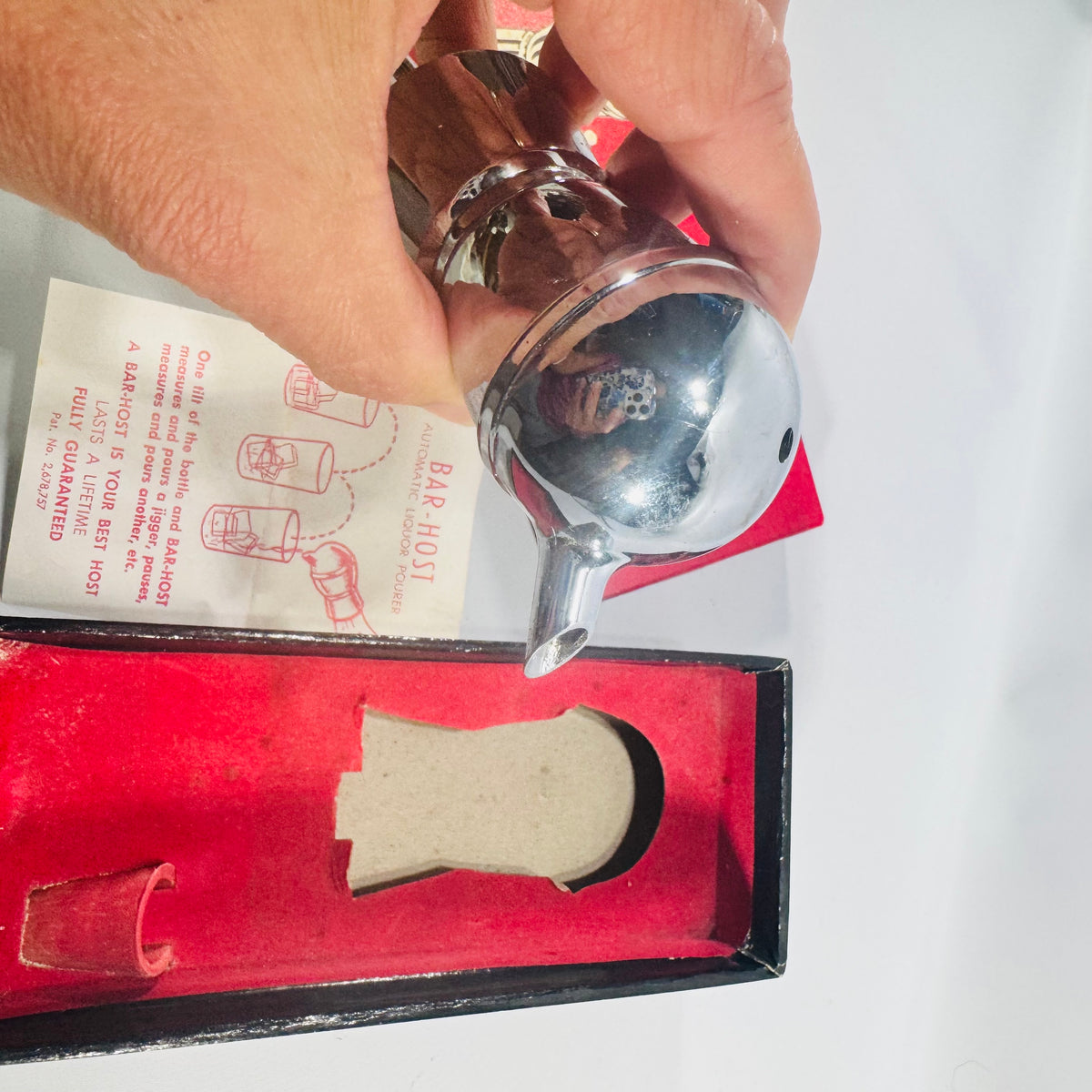 Vintage Bar-Host Automatic Liquor Pourer with Original Box Chrome Measuring Jigger Mid Century Barware