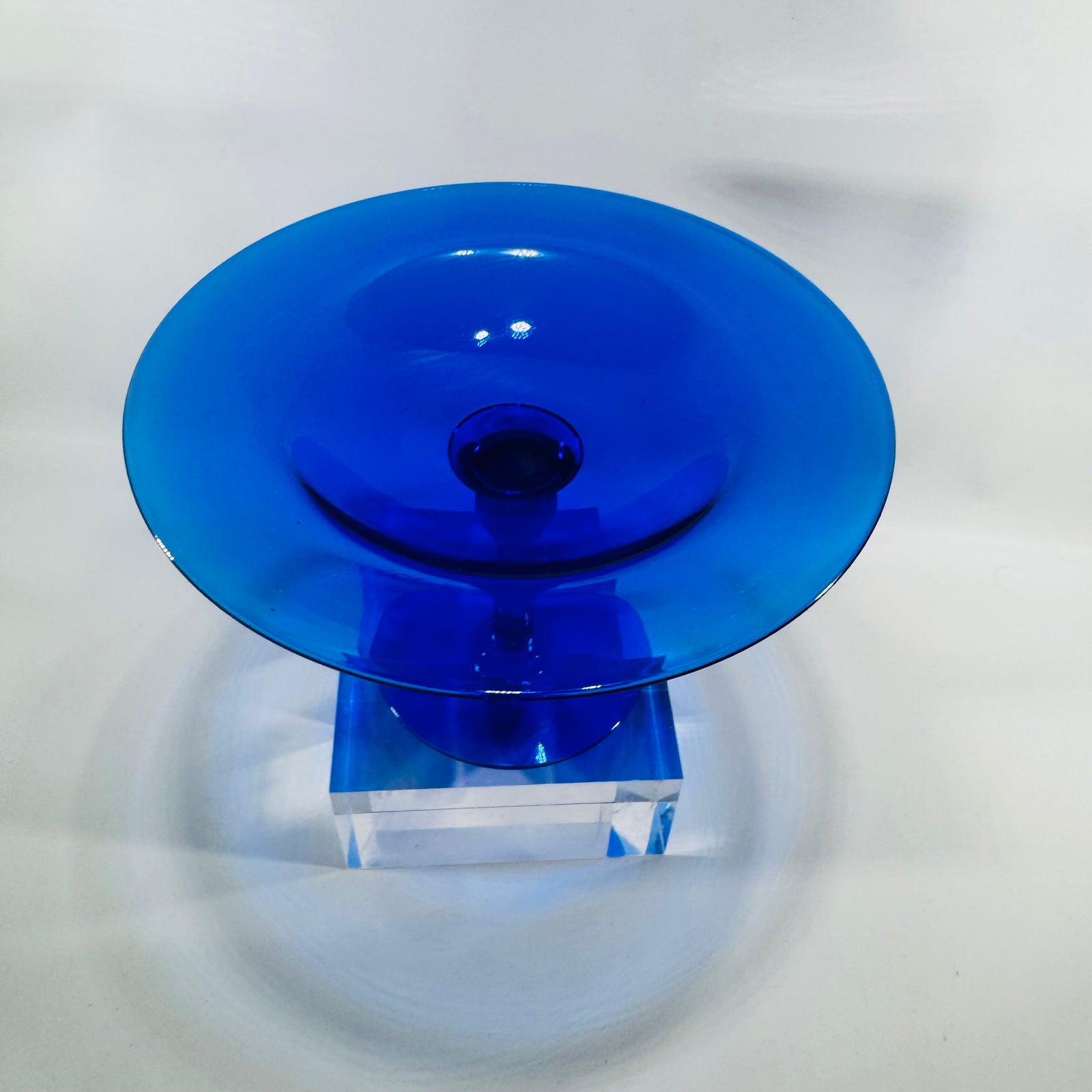 Vintage Cobalt Blue Glass Pedestal Tazza Bowl Empoli Style Italian Art Glass Centerpiece