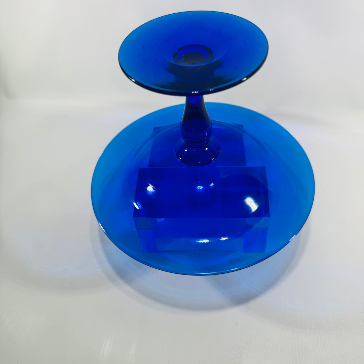 Vintage Cobalt Blue Glass Pedestal Tazza Bowl Empoli Style Italian Art Glass Centerpiece