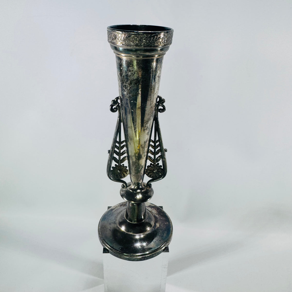 Vintage EH Barton Silver-Plated Trumpet Bud Vase Sheffield Style Art Nouveau Pierced Handles