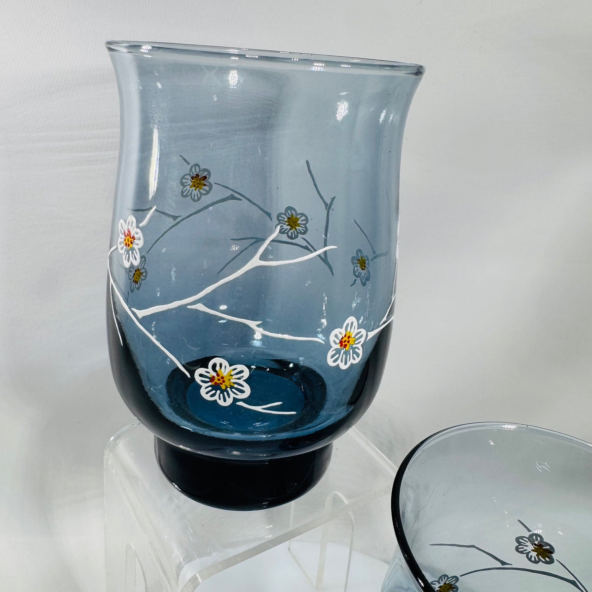 Vintage Libbey Dogwood Glasses — Smoky Blue Floral Tumblers (Set of 2, 1970s)