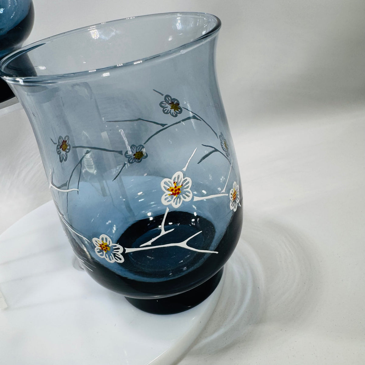 Vintage Libbey Dogwood Glasses — Smoky Blue Floral Tumblers (Set of 2, 1970s)