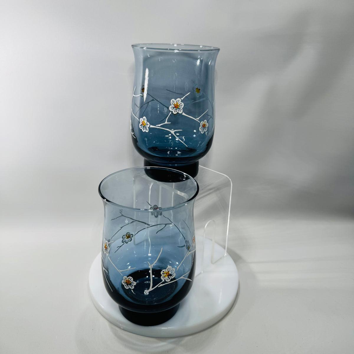 Vintage Libbey Dogwood Glasses — Smoky Blue Floral Tumblers (Set of 2, 1970s)