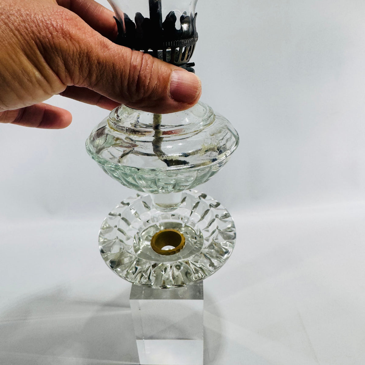 Vintage Clear Glass Finger Oil Lamp with Pie Crust Chimney, Pressed Glass Base, Eagle Style Burner, Mini Hurricane Kerosene Lamp