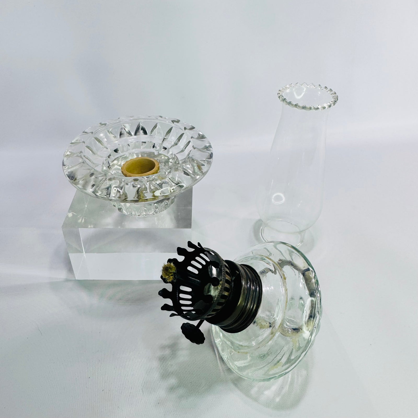 Vintage Clear Glass Finger Oil Lamp with Pie Crust Chimney, Pressed Glass Base, Eagle Style Burner, Mini Hurricane Kerosene Lamp