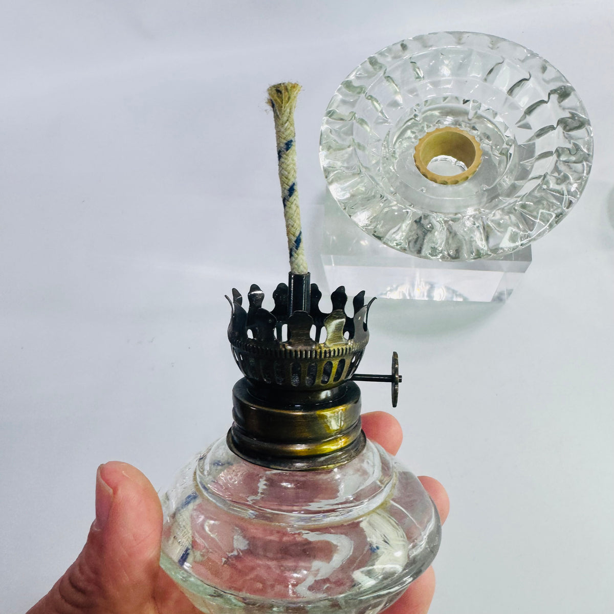 Vintage Clear Glass Finger Oil Lamp with Pie Crust Chimney, Pressed Glass Base, Eagle Style Burner, Mini Hurricane Kerosene Lamp
