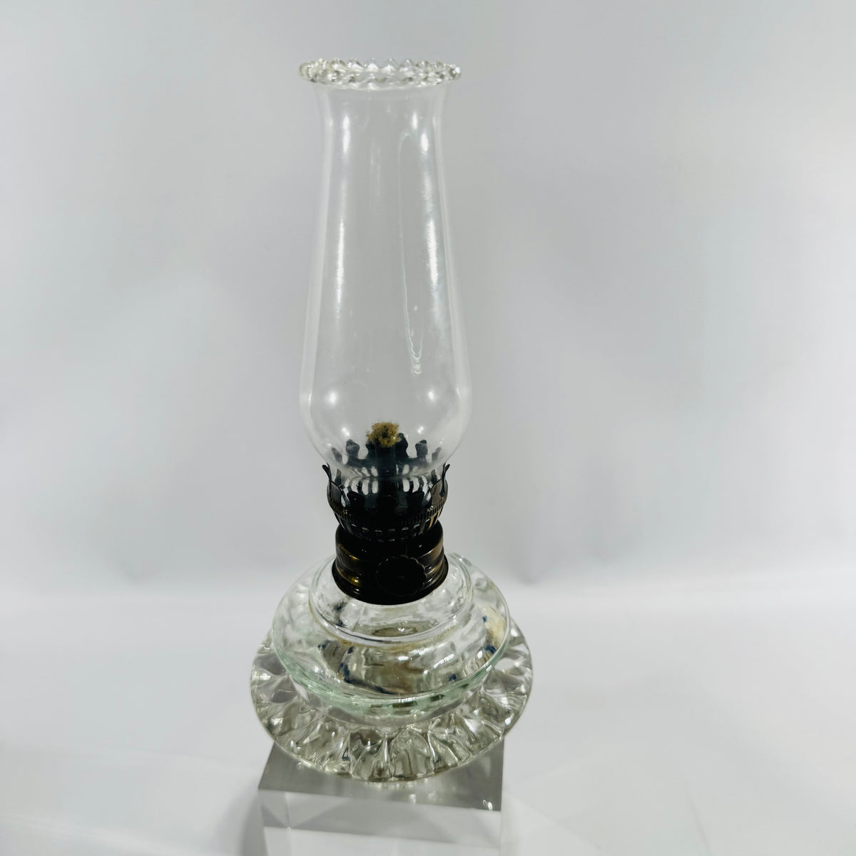 Vintage Clear Glass Finger Oil Lamp with Pie Crust Chimney, Pressed Glass Base, Eagle Style Burner, Mini Hurricane Kerosene Lamp