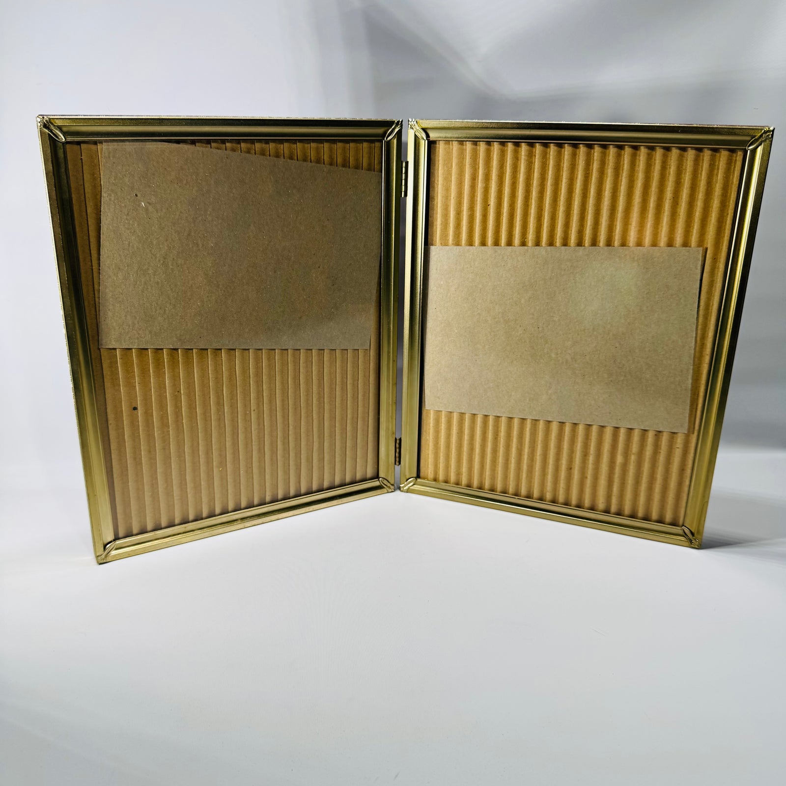 Vintage Hinged Double 8x10 Picture Frame (Glass Front) – Gold-Tone Metal Bi-Fold Tabletop Frame – Holds Two Photos