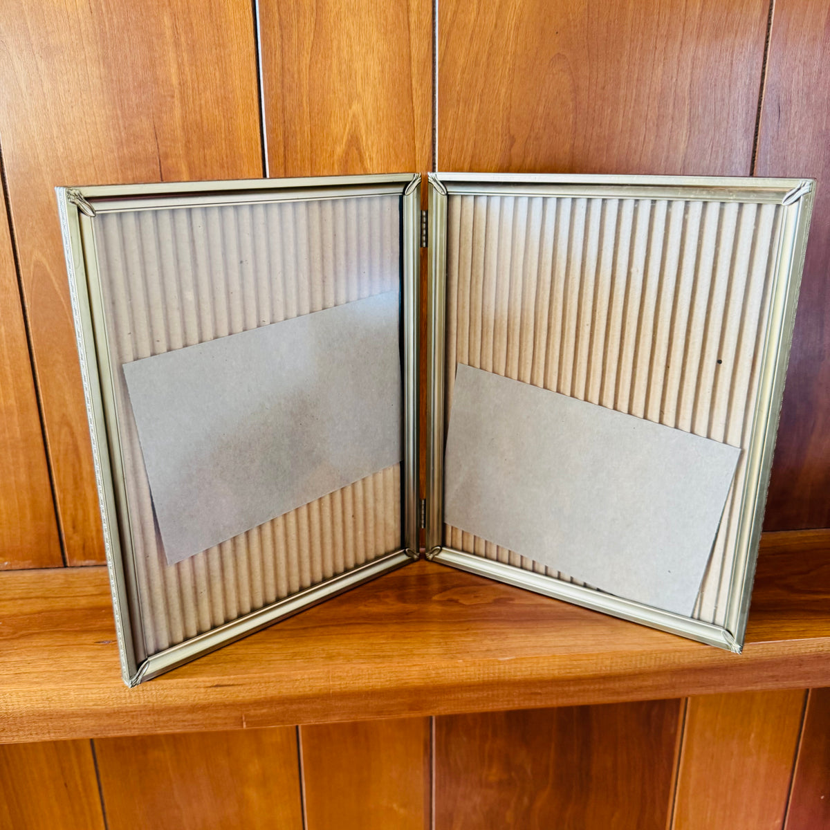 Vintage Hinged Double 8x10 Picture Frame (Glass Front) – Gold-Tone Metal Bi-Fold Tabletop Frame – Holds Two Photos