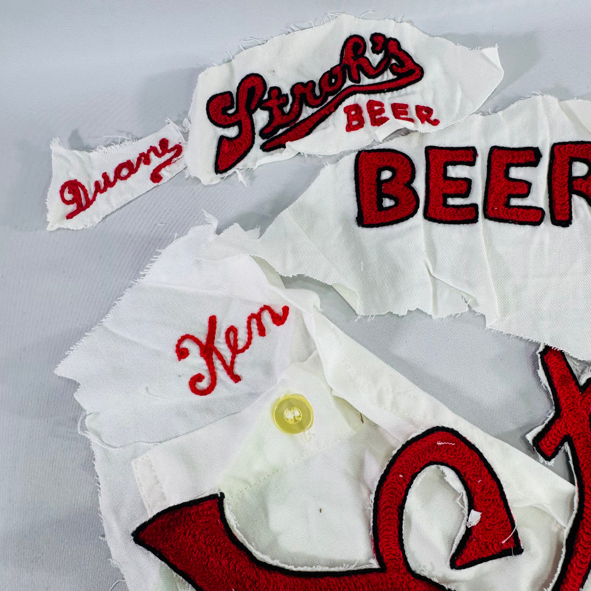 Vintage 1980s Stroh's Beer Delivery Driver Uniform Embroidery Salvage Lot Ken Duane Breweriana Patches
