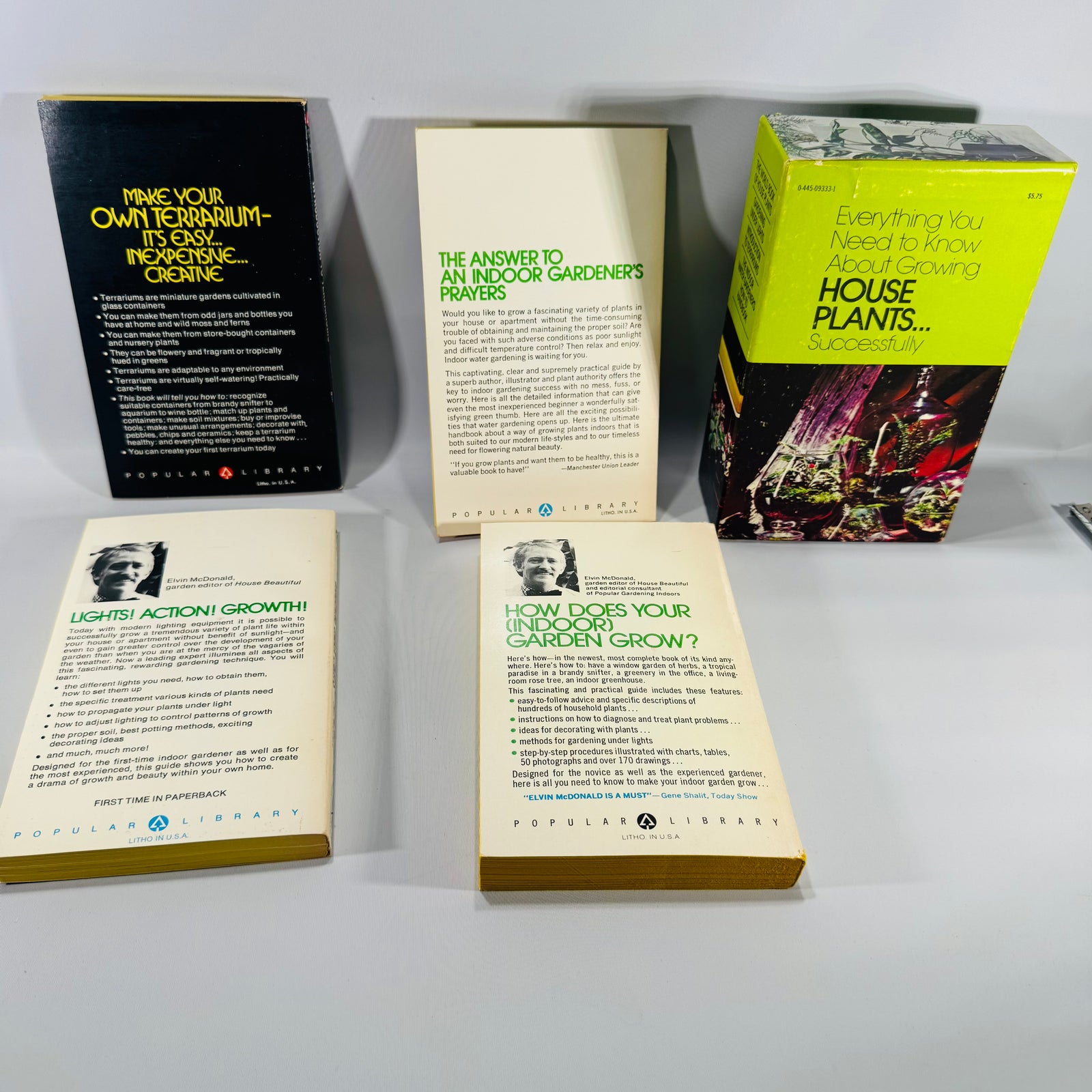 Vintage Indoor Gardening Boxed Set (4 Books) — Popular Library Gardening Series (1970s) — Elvin McDonald + Barbara Joan Grubman + H. Peter Loewer | Terrariums, Grow Lights, Hydroponics, Indoor Gardening