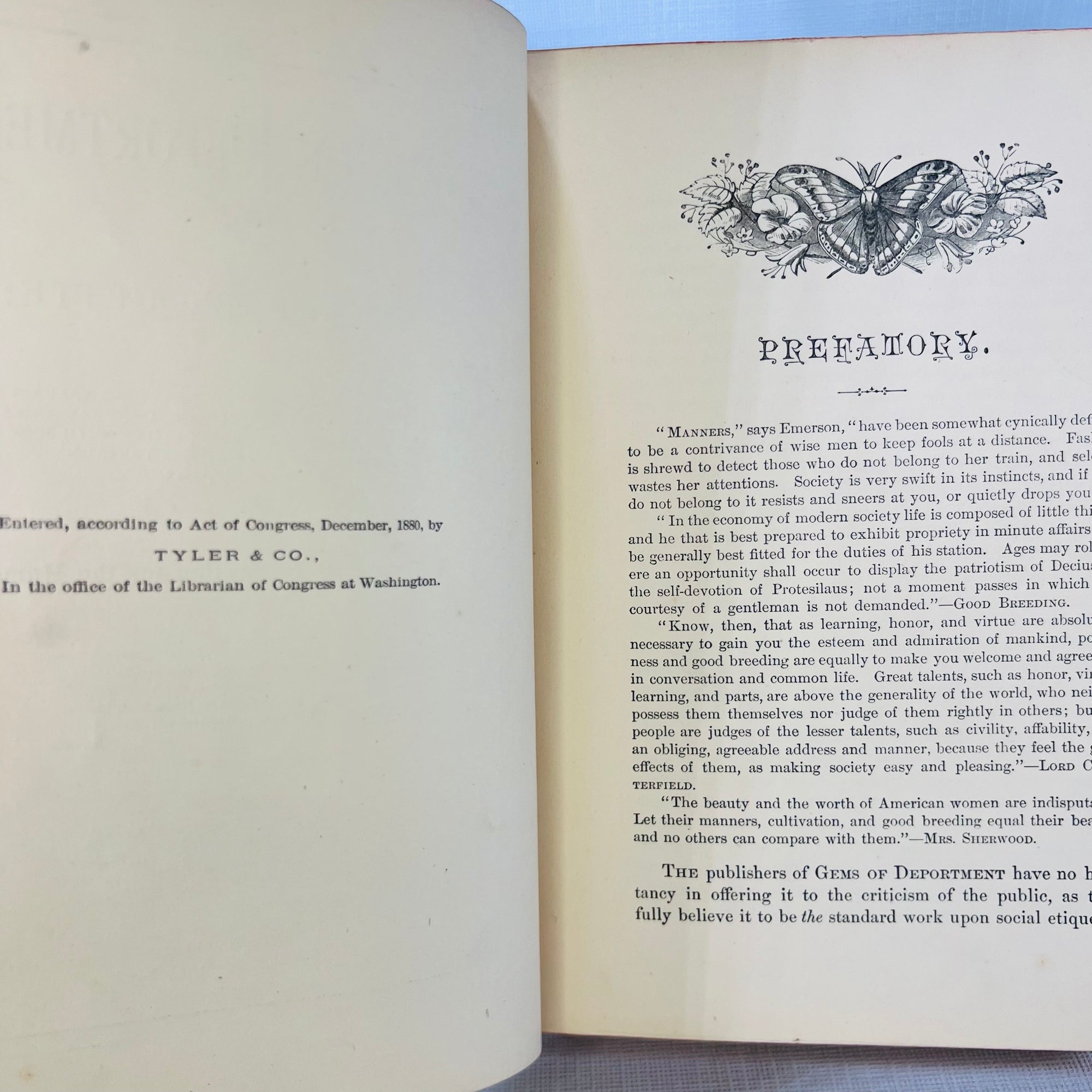 Gems of Deportment and Hints of Etiquette a Manual of Instructions for the Home by Mrs. M.L. Rayne 1860 Tyler & Co.Antique Gold Gilt Pages Book