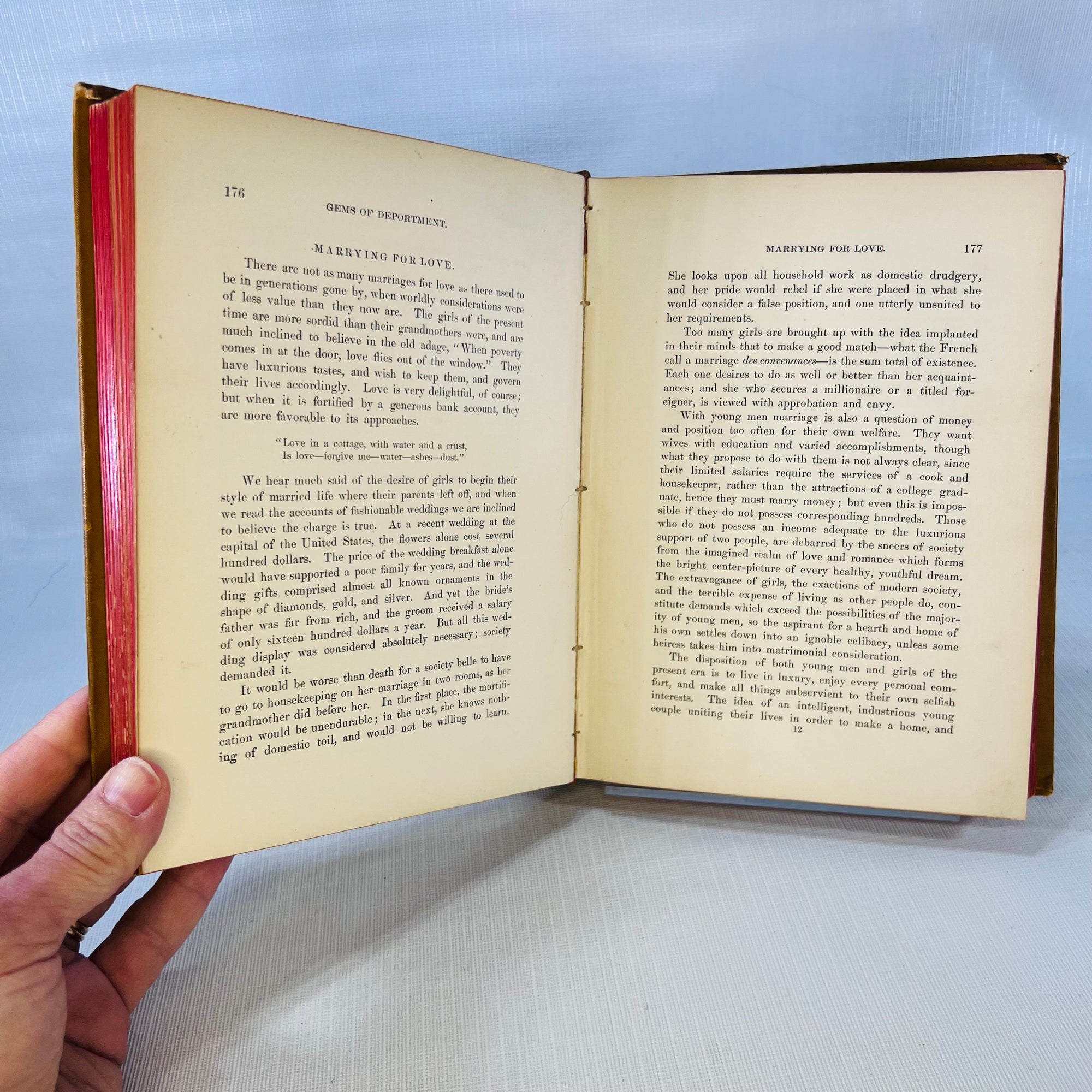 Gems of Deportment and Hints of Etiquette a Manual of Instructions for the Home by Mrs. M.L. Rayne 1860 Tyler & Co.Antique Gold Gilt Pages Book