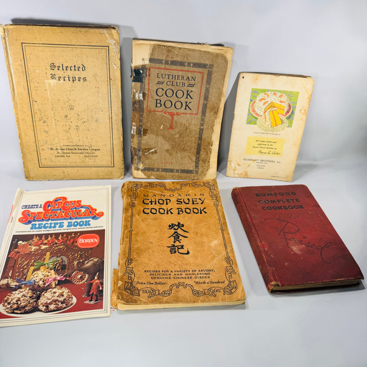 Vintage Cookbooks Bundle — Community + Brand Recipe Books (1925–1976) — Lutheran Club 1925 + Mandarin Chop Suey 1928 + Rumford 1939 | Ephemera Lot, Vintage Cookbooks