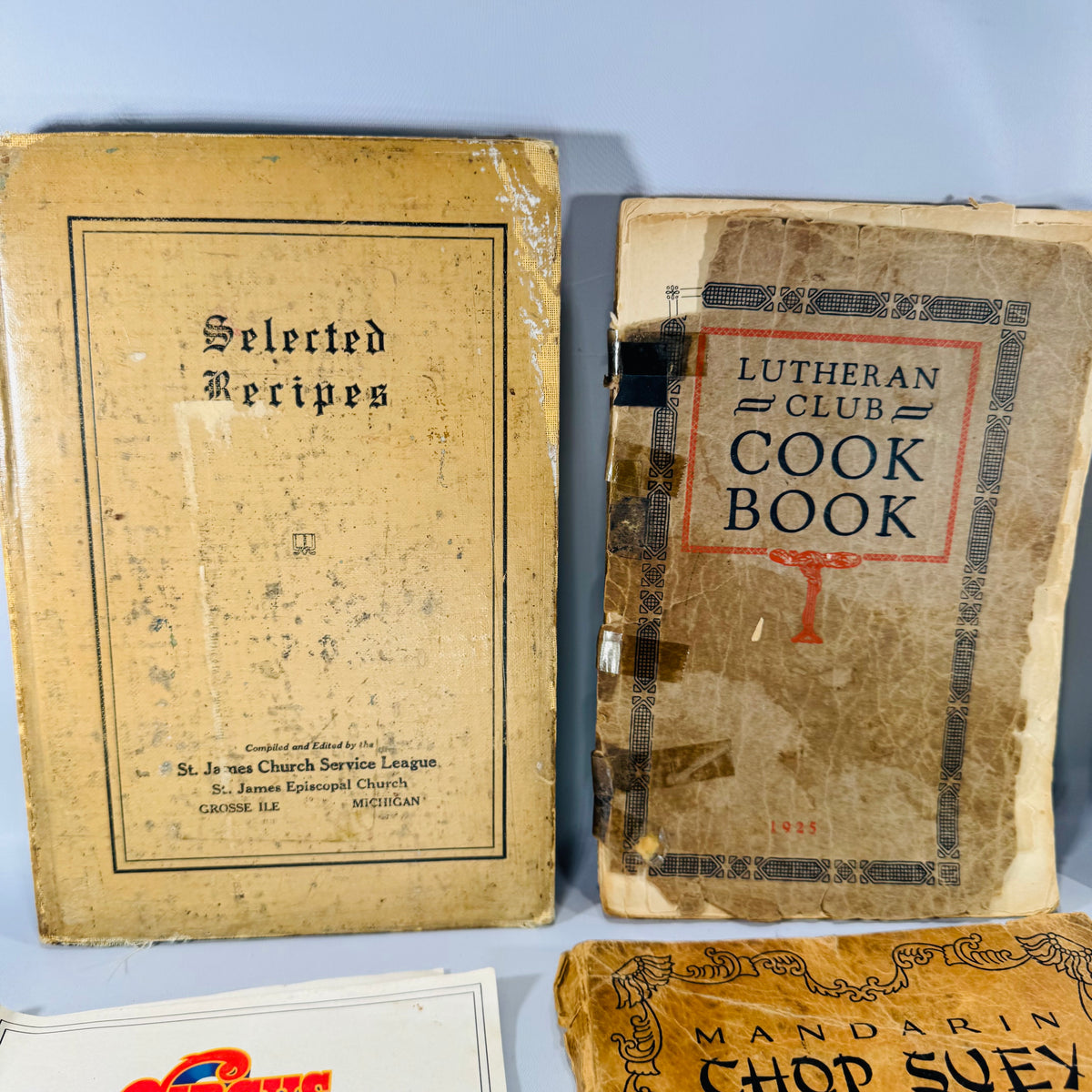 Vintage Cookbooks Bundle — Community + Brand Recipe Books (1925–1976) — Lutheran Club 1925 + Mandarin Chop Suey 1928 + Rumford 1939 | Ephemera Lot, Vintage Cookbooks