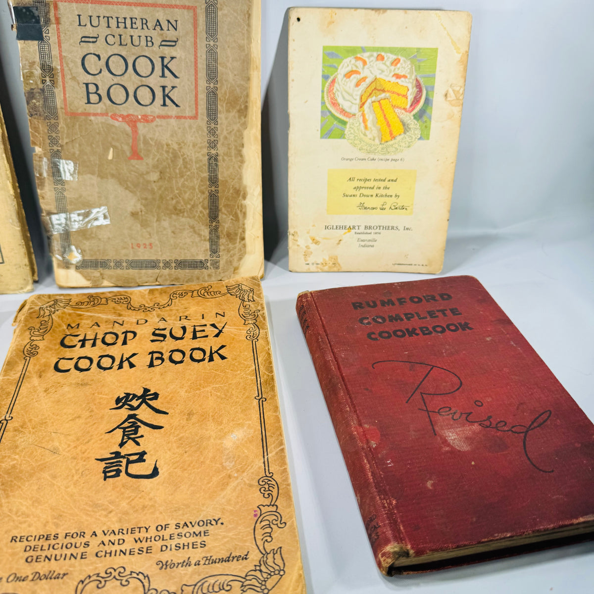 Vintage Cookbooks Bundle — Community + Brand Recipe Books (1925–1976) — Lutheran Club 1925 + Mandarin Chop Suey 1928 + Rumford 1939 | Ephemera Lot, Vintage Cookbooks
