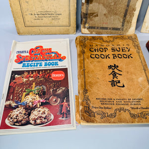 Vintage Cookbooks Bundle — Community + Brand Recipe Books (1925–1976) — Lutheran Club 1925 + Mandarin Chop Suey 1928 + Rumford 1939 | Ephemera Lot, Vintage Cookbooks