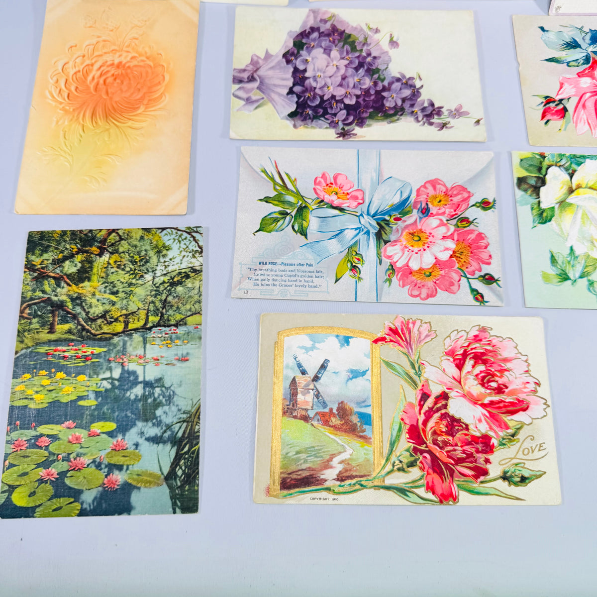 Vintage Floral Postcard Bundle of 10 Embossed Flower & Scenic Greeting Cards with Antique Postmarks